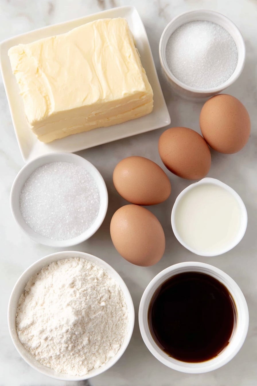 Flat lay of a soft, square block of salted butter, a small white bowl filled with granulated sugar, two whole brown eggs with clean shells, a small white bowl holding vanilla extract, a neat pile of all-purpose flour, a small white bowl of baking powder, a small white bowl of salt, a small white bowl heaped with sifted powdered sugar, a small white bowl containing milk, a small white bowl with light corn syrup, and a small white bowl of pure vanilla extract, all arranged symmetrically on a clean white marble surface, soft natural light, photo taken with an iPhone, professional food photography style, fresh ingredients, white ceramic bowls, no bottles, no duplicates, no utensils, no packaging --ar 2:3 --v 7 --p m7354615311229779997 - Soft and Chewy Cut Out Sugar Cookies, cut out sugar cookies, chewy sugar cookies recipe, holiday sugar cookies, thick sugar cookies
