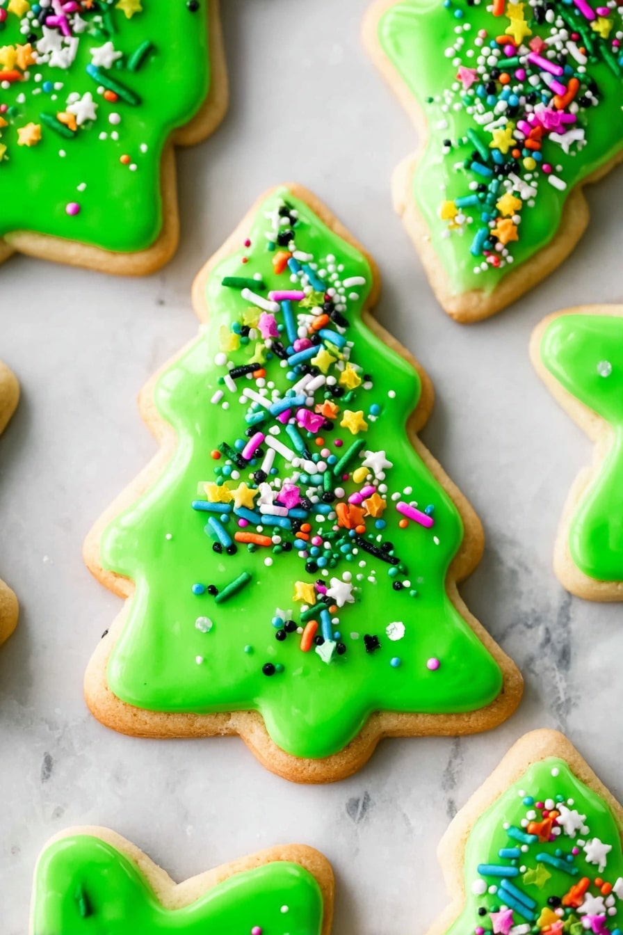 The image shows several Christmas tree-shaped sugar cookies placed on a white marbled surface. Each cookie has one layer of bright green smooth icing covering the entire tree shape, with the natural light brown cookie visible around the edges. On top of the green icing, there is a colorful mix of sprinkles including small green star shapes, thin green rods, and round sprinkles in blue, pink, yellow, red, white, orange, and black, scattered evenly. The sprinkles add texture and decorative detail to the shiny icing surface. photo taken with an iphone --ar 2:3 --v 7 - Soft and Chewy Cut Out Sugar Cookies, cut out sugar cookies, chewy sugar cookies recipe, holiday sugar cookies, thick sugar cookies