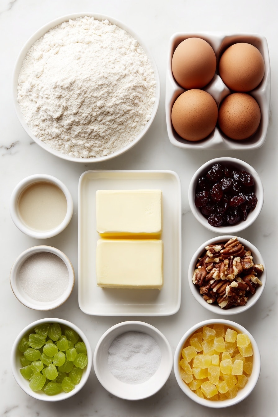 Flat lay of a small mound of all-purpose flour on a simple white ceramic plate, a teaspoon of baking soda and a small heap of salt each in their own small white ceramic bowls, a square of unsalted butter softened and cut into chunks on a white ceramic dish, two large whole uncracked brown eggs, a small white bowl filled with granulated sugar, another small white bowl holding packed light brown sugar, a small white bowl with clear vanilla extract, a small white bowl with chopped pitted dates, a small white bowl with bright red chopped candied cherries, another small white bowl with vibrant green chopped candied cherries, a small white bowl with golden chopped candied pineapple, a small white bowl with chopped pecans, and a small white bowl with chopped walnuts, all arranged symmetrically and balanced with realistic proportions, placed on a clean white marble surface, soft natural light, photo taken with an iPhone, professional food photography style, fresh ingredients, white ceramic bowls, no bottles, no duplicates, no utensils, no packaging --ar 2:3 --v 7 --p m7354615311229779997 - Fruitcake Cookies with Dried Fruit and Nuts, festive fruitcake cookie recipe, easy holiday cookies with dried fruit, chewy fruitcake cookies, seasonal nut and fruit cookies