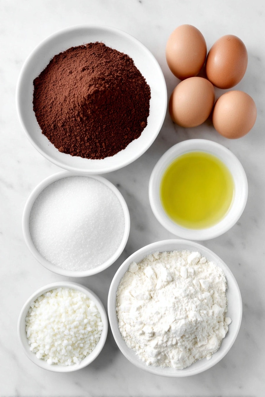 Flat lay of a small mound of rich unsweetened cocoa powder, a neatly heaped pile of granulated sugar, a small white ceramic bowl filled with clear golden vegetable oil, four large uncracked brown eggs arranged in a line, a small white ceramic bowl holding clear vanilla extract, a modest heap of all-purpose flour, a small pile of fine baking powder, a small pile of fine salt crystals, and a small white ceramic bowl filled with fluffy powdered sugar, all placed on a clean white marble surface, soft natural light, photo taken with an iPhone, professional food photography style, fresh ingredients, white ceramic bowls, no bottles, no duplicates, no utensils, no packaging --ar 2:3 --v 7 --p m7354615311229779997 - Chocolate Crinkle Cookies, fudgy chocolate cookies, crackled chocolate cookies, easiest chocolate cookie recipe, soft and fudgy cookies