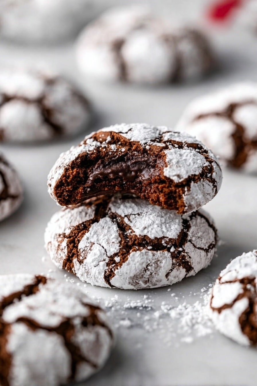 The image shows several round chocolate cookies covered in white powdered sugar cracks, placed on a white marbled surface. One cookie is stacked over another and has a bite taken out of it, revealing a soft, dark brown chocolate inside with a moist texture. The cookies around it are whole, with the powdered sugar forming irregular cracked patterns that contrast with the rich dark color of the chocolate dough. The background is blurred, focusing on the bitten cookie in the middle. Photo taken with an iphone --ar 2:3 --v 7 - Chocolate Crinkle Cookies, fudgy chocolate cookies, crackled chocolate cookies, easiest chocolate cookie recipe, soft and fudgy cookies