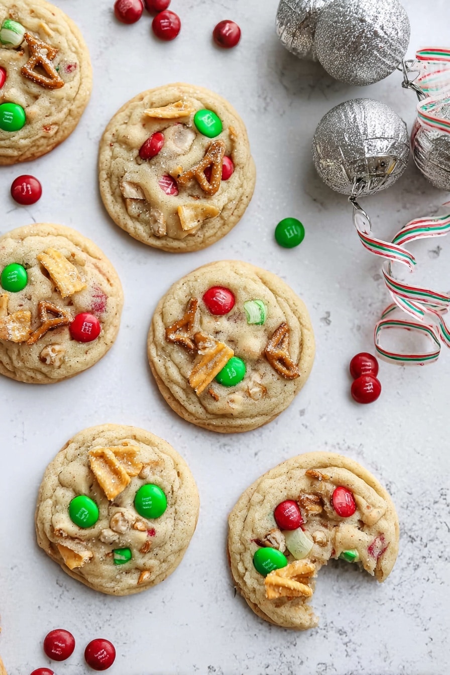 There are six round cookies arranged on a white marbled surface, each with a light golden-brown color and a soft, slightly bumpy texture. Each cookie has colorful red and green candy pieces embedded on top, along with small broken pretzel pieces and a few wavy potato chip slices. One cookie is partially eaten, showing a soft inside with candy and pretzel pieces. Around the cookies, there are scattered red and green candies, and near the top right corner, there are two large silver jingle bells with a striped ribbon. The whole scene is bright and festive, with a cozy holiday feel. photo taken with an iphone --ar 2:3 --v 7 - Santa's Trash Cookies, Trash Cookies Recipe, Holiday Cookie Ideas, Easy Cookie Recipes, Christmas Party Cookies
