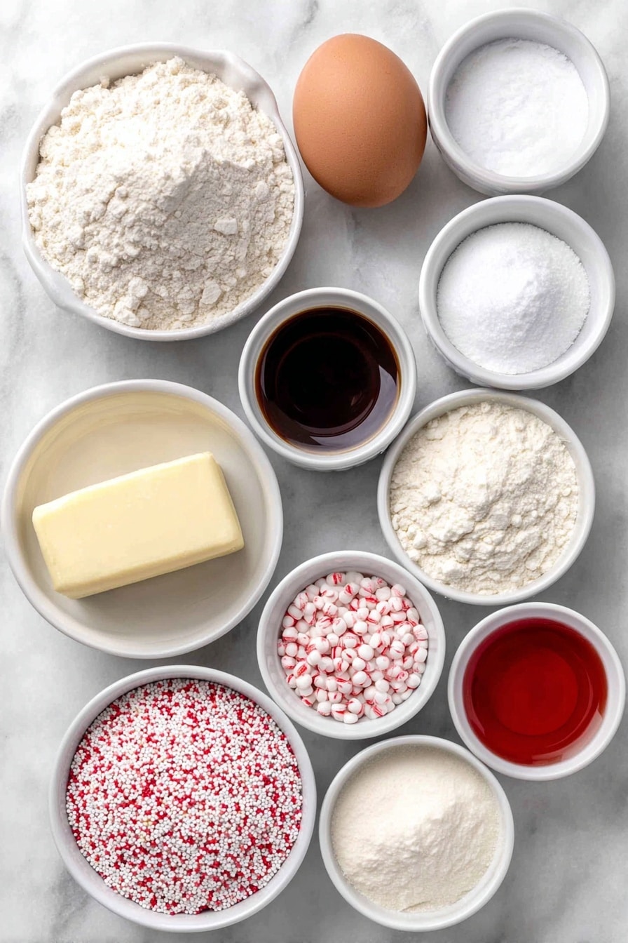 Flat lay of a small mound of all-purpose flour, a small mound of cornstarch, a small heap of baking soda powder, a small pile of baking powder, a small pinch of salt crystals, a smooth stick of unsalted butter, a small pile of granulated sugar, one whole brown egg with a clean shell, a small white bowl of vanilla extract, a small white bowl of peppermint extract, a small white bowl with vibrant red gel icing color, a small white bowl of assorted colorful sprinkles and crushed peppermint candy, all arranged symmetrically in simple white ceramic bowls and dishes, placed on a clean white marble surface, soft natural light, photo taken with an iPhone, professional food photography style, fresh ingredients, white ceramic bowls, no bottles, no duplicates, no utensils, no packaging --ar 2:3 --v 7 --p m7354615311229779997 - Candy Cane Cookie, Candy Cane Cookie Recipe, holiday peppermint cookies, festive Christmas cookies, twisted candy cane cookies