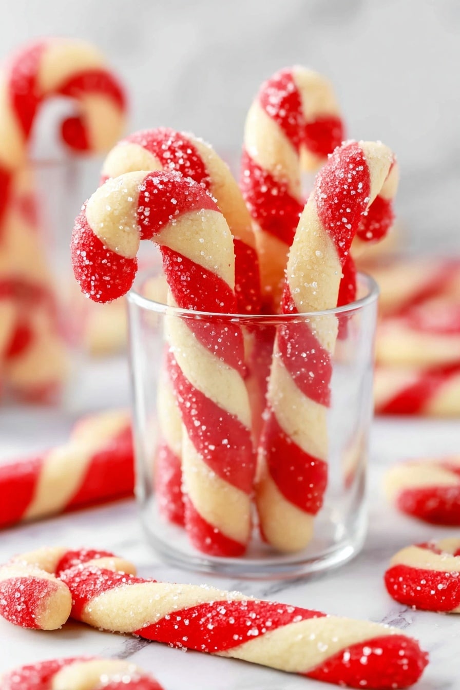 The image shows several candy cane-shaped cookies in a clear glass on a white marbled surface. Each candy cane has two twisted layers, one red and one cream-colored, with some cookies sprinkled with small sugar crystals on the red sections. Additional candy cane cookies are lying on the surface around the glass, with the same twisted two-layer pattern of red and cream colors. The photo is bright and clear with a soft background showing more candy cane cookies slightly out of focus. Photo taken with an iphone --ar 2:3 --v 7 - Candy Cane Cookie, Candy Cane Cookie Recipe, holiday peppermint cookies, festive Christmas cookies, twisted candy cane cookies