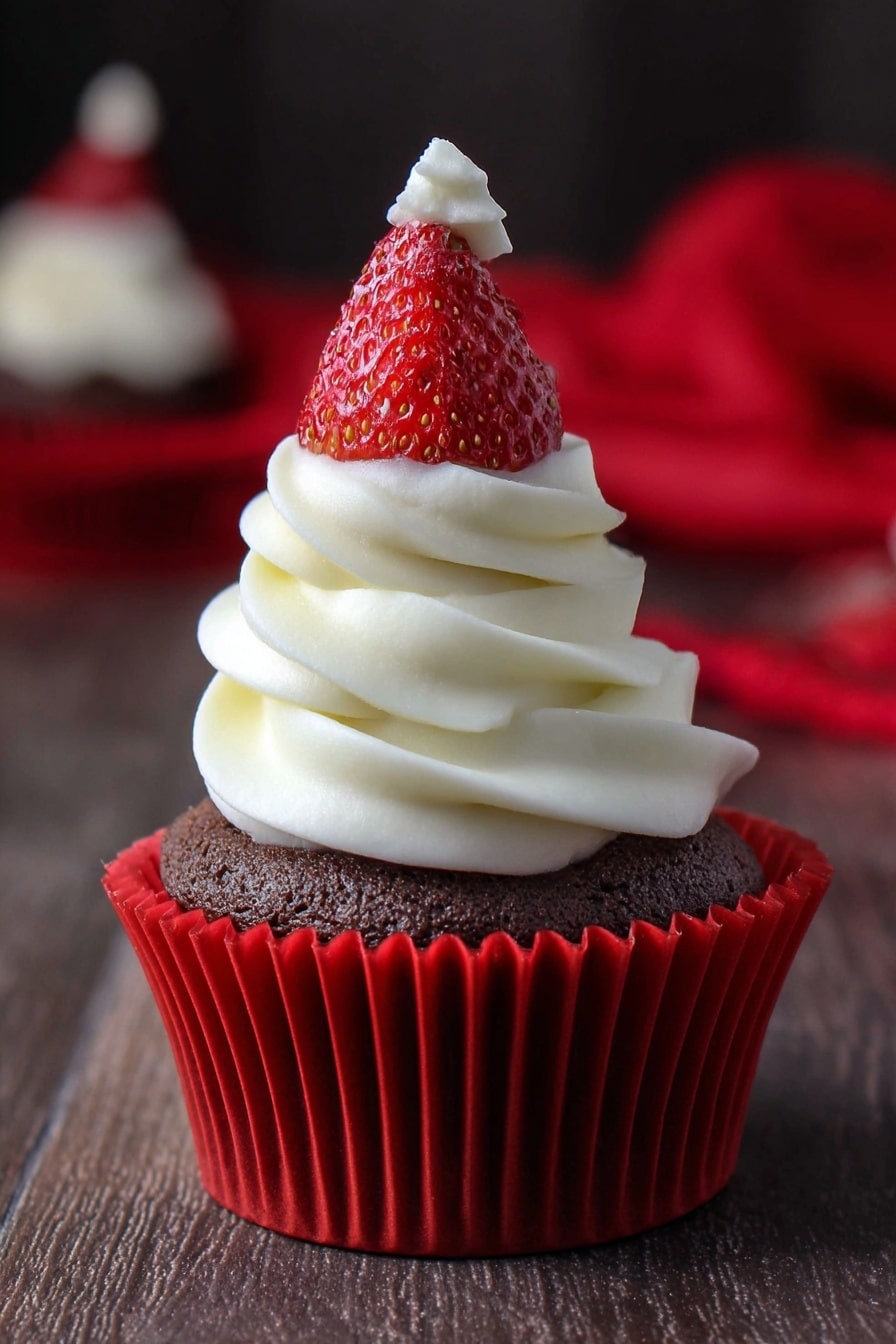 A chocolate cupcake sits in a bright red cupcake liner on a dark wooden surface. On top of the cupcake is a thick swirl of smooth white cream frosting rising in soft peaks. Centered above the frosting is a whole fresh strawberry, bright red with visible seeds and a small white cream dollop on its tip. In the blurred background, a red cloth adds a splash of color while the surface maintains a neutral tone. photo taken with an iphone --ar 2:3 --v 7 - Strawberry Santa Hat Cupcakes, festive Christmas cupcakes, holiday strawberry cupcakes, cute Santa hat desserts, easy holiday cupcake recipes