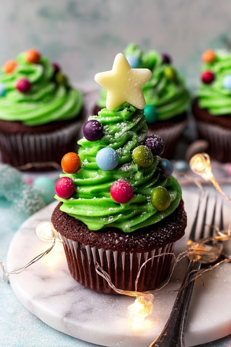 A white cupcake liner holds a dark brown cupcake topped with a swirl of bright green frosting shaped like a Christmas tree. The green frosting is decorated with colorful round candy pieces in red, purple, orange, blue, and white, resembling ornaments. A pale yellow star-shaped candy sits on the top of the frosting tree. Some white powder dusts the frosting and cupcake surface lightly. The cupcake is placed on a white marbled round plate, with a silver fork resting near the cupcake liner's edge. Small colorful candy balls and small string lights add festive colors around the plate. photo taken with an iphone --ar 2:3 --v 7 - Christmas Tree Cupcakes with Chocolate and Vanilla Frosting, festive cupcake ideas, holiday baking treats, Christmas cupcakes recipe, easy holiday desserts