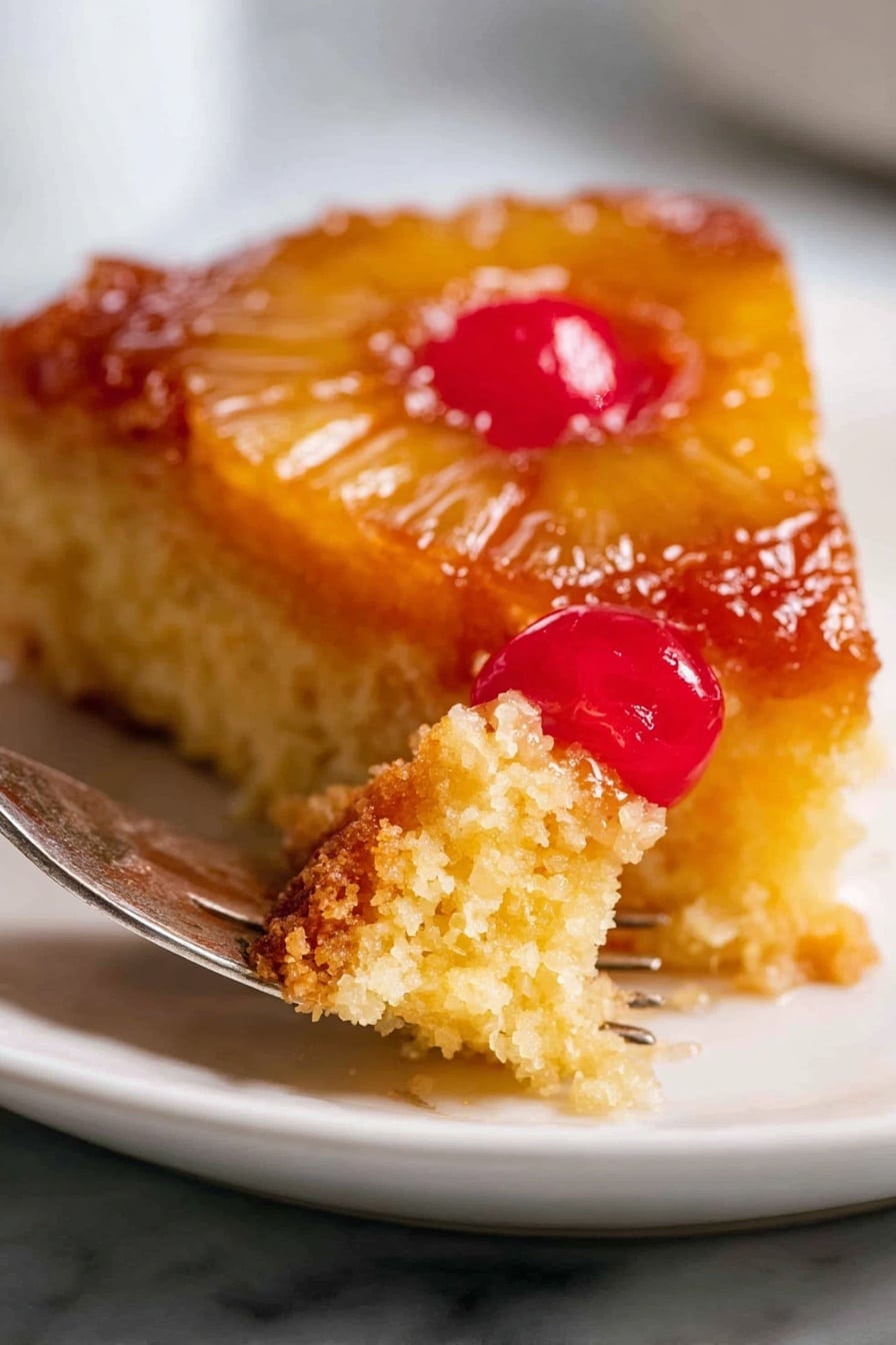 A close-up of a pineapple upside-down cake slice resting on a white plate with a white marbled background. The cake has two layers: the bottom layer is a moist yellow cake with a soft, crumbly texture, and the top layer is a caramelized golden brown pineapple ring with a bright red cherry in the middle. Part of the slice is lifted by a silver fork showing the moist inside texture, and the surface of the cake glistens with a shiny glaze. Photo taken with an iphone --ar 2:3 --v 7 - Pineapple Upside Down Cake, best pineapple upside down cake, easy pineapple upside down cake recipe, moist pineapple upside down cake, classic pineapple upside down cake