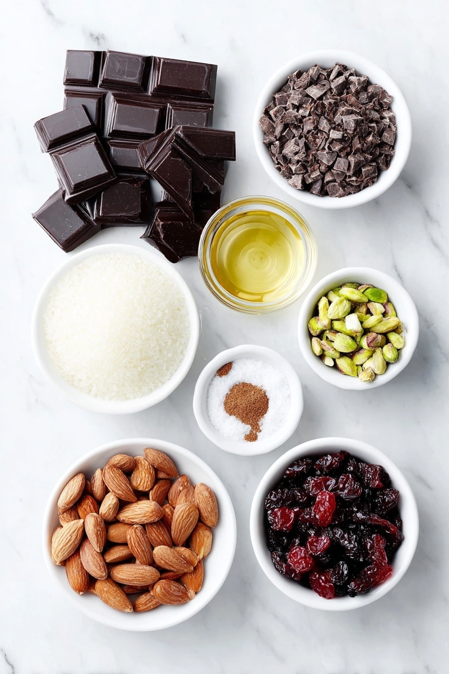 Flat lay of finely chopped dark chocolate pieces, finely chopped semi-sweet chocolate chunks, small white ceramic bowls with ground cinnamon, peppermint extract, and crushed candy canes, a handful of roasted almonds, shelled unsalted pistachios, dried cherries, dried cranberries, and toffee bits, all arranged symmetrically and naturally on a clean white marble surface, soft natural light, photo taken with an iPhone, professional food photography style, fresh ingredients, white ceramic bowls, no bottles, no duplicates, no utensils, no packaging --ar 2:3 --v 7 --p m7354615311229779997 - Easy Chocolate Bark, chocolate bark with nuts and dried fruit, simple chocolate bark recipe, quick homemade chocolate treat, customizable chocolate bark