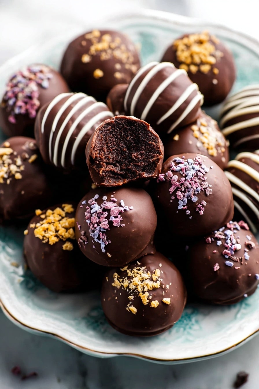 A white plate filled with several dark brown chocolate truffles, smooth and round in shape. Some truffles have a drizzle of thin, white chocolate lines on the top, while others are decorated with small, colorful sprinkles in yellow, purple, and pink, or crumbly dark brown bits. One truffle in the center has a bite showing a dense and moist dark inside. The plate sits on a white marbled surface, which adds a clean and bright contrast to the rich chocolates. photo taken with an iphone --ar 2:3 --v 7 - Easy Oreo Truffles, Oreo Truffles dessert, no-bake Oreo treats, chocolate Oreo bites, quick Oreo truffles