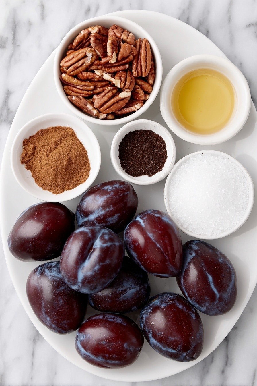 Flat lay of fresh whole French plums with deep reddish-purple skin, a small pile of toasted pecan halves, a small white bowl of warm brown ground cinnamon powder, a small white bowl of finely cut dried orange peel pieces, a small white bowl of dark brown ground clove powder, a small white bowl with a splash of pure vanilla extract, a small white bowl of fine white table salt, a small white bowl filled with coarse raw sugar crystals all arranged symmetrically on a simple white ceramic plate and dishes placed on a clean white marble surface, soft natural light, photo taken with an iPhone, professional food photography style, fresh ingredients, white ceramic bowls, no bottles, no duplicates, no utensils, no packaging --ar 2:3 --v 7 --p m7354615311229779997 - Easy Homemade Sugar Plums, festive holiday treats, homemade holiday candies, no-bake Christmas sweets, flavorful holiday snacks