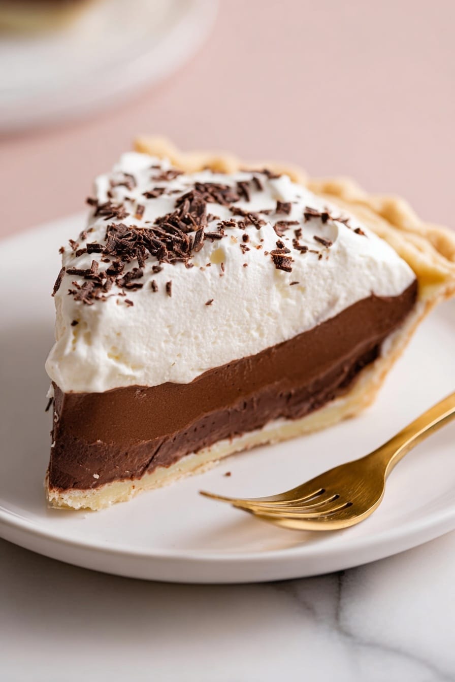 A single slice of pie with three visible layers sits on a white plate. The bottom layer is a light tan and crumbly crust. The middle layer is a thick, smooth, dark brown chocolate filling. The top layer is a puffy, white whipped cream, sprinkled with small, rough, dark chocolate shavings. A gold fork lies on the plate beside the pie slice. The whole scene is set on a pale pink surface with a white marbled texture visible beneath. Photo taken with an iphone --ar 2:3 --v 7 - Decadent Chocolate Cream Pie, Chocolate Pie Recipe, Rich Chocolate Dessert, Easy Chocolate Pie, Homemade Chocolate Pie