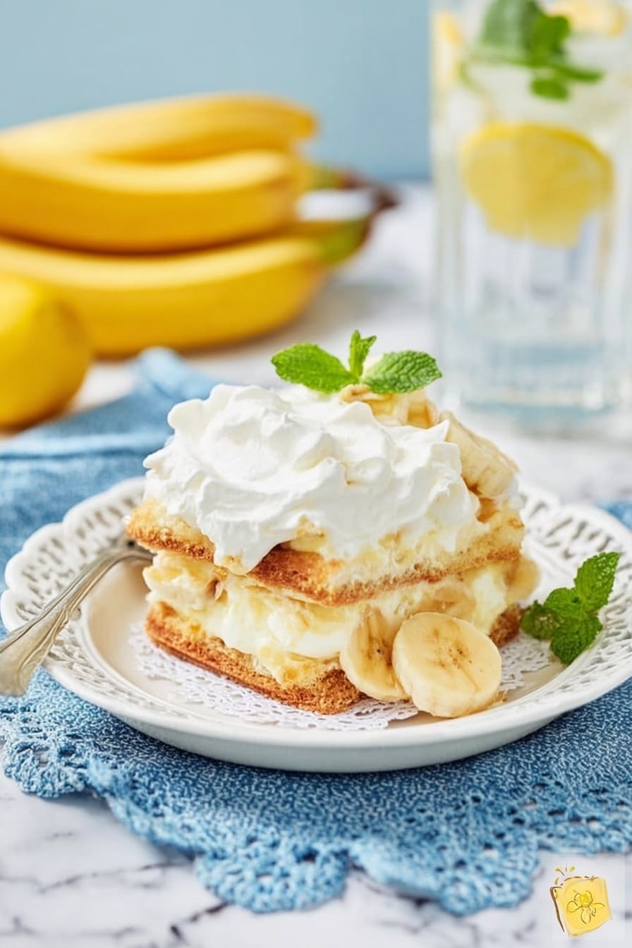 The dish shows a layered dessert on a white plate with a delicate lace edge, set on a blue and white cloth over a white marbled surface. The dessert has three visible layers: the base layer is made of light brown, soft cookies or biscuits; the middle layer consists of creamy, pale yellow custard mixed with banana slices; the top layer is a thick, white whipped cream with a smooth texture, slightly unevenly spread. A small green mint leaf and a piece of banana sit on the side as decoration. In the background, there are whole bright yellow bananas and a glass of water with lemon slices and green herbs. photo taken with an iphone --ar 2:3 --v 7 - Cream Cheese Banana Pudding, banana pudding dessert, creamy banana pudding recipe, no-bake banana pudding, easy banana pudding