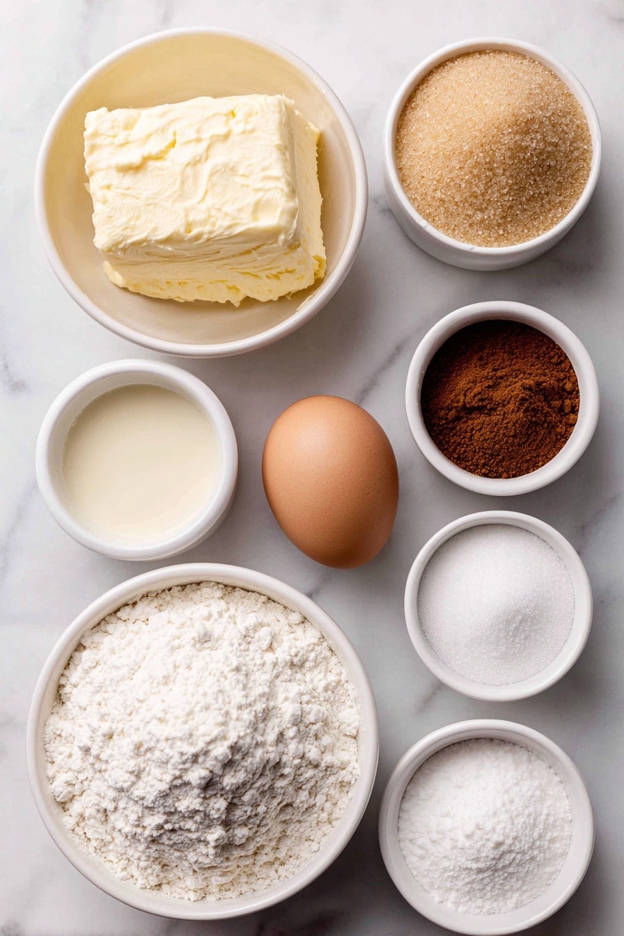 Flat lay of a small white ceramic bowl of soft unsalted butter, a small white ceramic bowl filled with granulated sugar, a small white ceramic bowl containing light brown sugar, one large whole egg with a clean shell, a small white ceramic bowl of pale creamy eggnog, a small white ceramic bowl of cake flour, a small white ceramic bowl of powdered sugar, a small white ceramic bowl holding ground cinnamon, a small white ceramic bowl with ground nutmeg, a small white ceramic bowl of baking powder, a small white ceramic bowl of baking soda, a small white ceramic bowl of table salt, and a small white ceramic bowl of clear vanilla extract placed with perfect symmetry on a clean white marble surface, soft natural light, photo taken with an iPhone, professional food photography style, fresh ingredients, white ceramic bowls, no bottles, no duplicates, no utensils, no packaging --ar 2:3 --v 7 --p m7354615311229779997 - Eggnog Cookies with Frosting, holiday eggnog cookies, easy eggnog cookie recipe, cozy holiday cookies, festive eggnog dessert