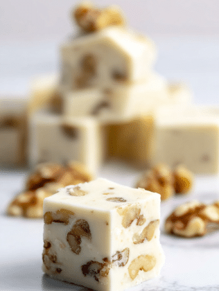 The image shows several small, square pieces of white fudge with visible brown walnut pieces inside. The fudge has a smooth, creamy texture with the walnuts unevenly spread throughout each piece. One piece of fudge is in focus in the foreground, sitting on a white marbled surface, while more fudge squares are stacked and scattered softly in the blurred background. The overall look is clean and simple, highlighting the contrast between the creamy white fudge and the textured walnuts. photo taken with an iphone --ar 2:3 --v 7 - Maple Walnut White Chocolate Fudge, white chocolate fudge with walnuts, easy maple fudge, no-bake holiday treats, creamy walnut fudge