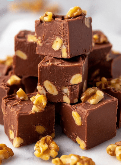 A pile of rich brown fudge squares with chunks of light brown walnuts mixed inside each piece, showing a smooth and slightly cracked texture on the surface. Some walnut pieces are also scattered on and around the fudge, giving a nutty and crunchy look. The fudge pieces are stacked and arranged closely on a white marbled surface. Photo taken with an iphone --ar 2:3 --v 7 - Chocolate Walnut Fudge, chocolate walnut fudge recipe, easy fudge with walnuts, homemade chocolate fudge, nutty chocolate fudge