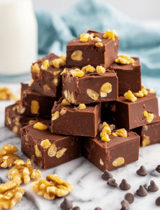 The image shows a pile of chocolate fudge squares stacked unevenly on a white marbled surface. Each square is thick with a smooth, rich dark brown texture, filled and topped with pieces of light yellowish-brown walnuts. Scattered around the bottom are extra walnut pieces and small dark chocolate chips, adding texture and color contrast to the scene. The background is softly blurred, with a white and light blue cloth in the back and a glass of milk partially visible. The overall look is inviting and homemade, focusing on the chunky, nut-filled fudge. photo taken with an iphone --ar 2:3 --v 7 - Chocolate Walnut Fudge, chocolate walnut fudge recipe, easy fudge with walnuts, homemade chocolate fudge, nutty chocolate fudge