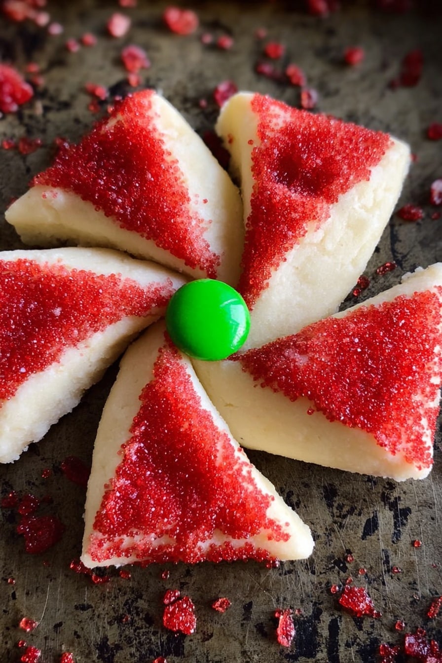 The image shows a pinwheel-shaped cookie with four red sugar-coated triangular sections alternating with four plain white dough triangular sections folded over slightly. A single bright green round candy is placed at the center where all four triangles meet. The cookie sits on a dark baking tray sprinkled with scattered red sugar crystals. The white dough looks smooth and creamy, while the red sugar sprinkles add a rough texture. Photo taken with an iphone --ar 2:3 --v 7 - Poinsettia Cookie Pinwheels, holiday cookie recipes, festive pinwheel cookies, Christmas cookie ideas, buttery cookie treats