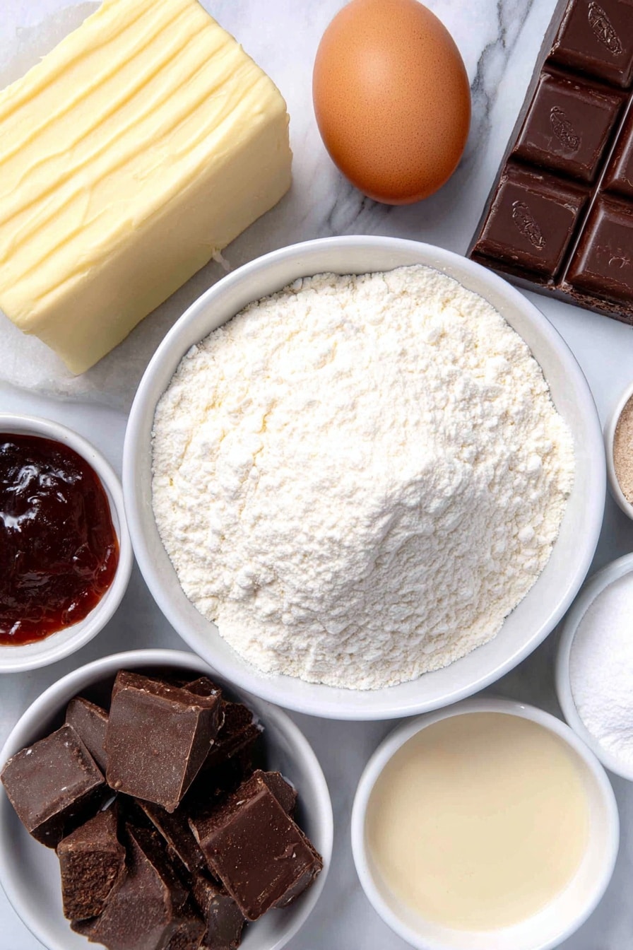 Flat lay of a small slab of unsalted butter, a wedge of full fat cream cheese, a neat pile of granulated sugar, one large brown egg with a clean shell, a small white bowl of vanilla extract, a mound of all-purpose flour, a small white bowl filled with dark cocoa powder, a small white bowl of cornstarch, a pinch of fine salt as tiny crystals, a small white bowl of baking powder, a heap of powdered sugar, a small white bowl of heavy whipping cream, a small white bowl of coarse sanding sugar, halved bright orange conversation heart candies, round flat black sprinkles, round flat pink sprinkles, all arranged symmetrically on a simple white ceramic plate and small white ceramic bowls, placed on a clean white marble surface, soft natural light, photo taken with an iPhone, professional food photography style, fresh ingredients, white ceramic bowls, no bottles, no duplicates, no utensils, no packaging --ar 2:3 --v 7 --p m7354615311229779997 - Penguin Cookie, adorable cookie idea, festive holiday cookies, cute cookie recipes, chewy buttercream cookies