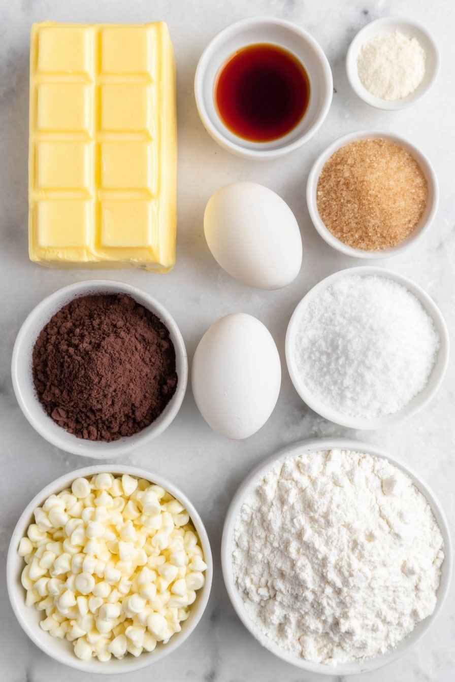 Flat lay of a small slab of barely softened butter, a neat mound of brown sugar, a smaller mound of white granulated sugar, two large whole eggs with clean shells, a small white bowl of clear vanilla extract, a small white bowl containing bright red food coloring gel, a small pile of unsweetened cocoa powder, a small heap of all-purpose flour, a small heap of baking soda powder, a smaller heap of cornstarch, a small pinch of salt, a generous handful of white chocolate chips, a smooth block of barely softened cream cheese, a small mound of powdered sugar, and a small white bowl of pale vanilla bean paste, all arranged with perfect symmetry on a clean white ceramic surface, placed on a clean white marble surface, soft natural light, photo taken with an iPhone, professional food photography style, fresh ingredients, white ceramic bowls, no bottles, no duplicates, no utensils, no packaging --ar 2:3 --v 7 --p m7354615311229779997 - Cheesecake Stuffed Red Velvet Cookies, red velvet cookies with cheesecake filling, easy red velvet cookie recipe, holiday desserts,Chocolate chip red velvet cookies