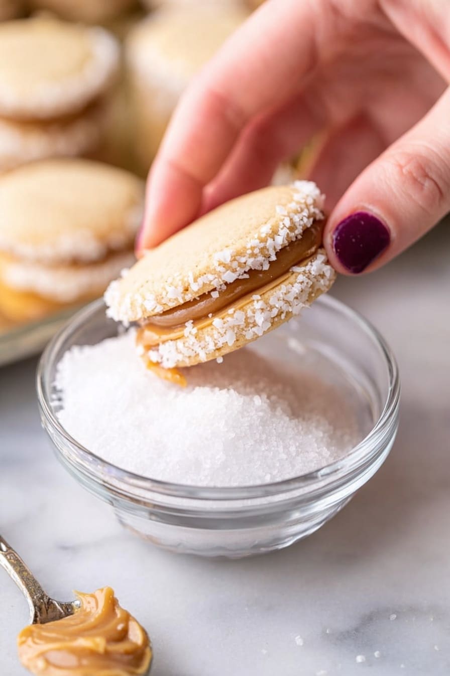 The image shows a close-up of a small sandwich cookie with two off-white, soft-looking biscuit layers. Between the layers, there is a thick, smooth, light brown caramel filling that is slightly melting and oozing out from the sides. The cookie is placed on a white marbled surface with some small white flakes scattered nearby, possibly coconut. In the background, there is a blurred white bowl filled with similar sandwich cookies and a jar with a caramel sauce. photo taken with an iphone --ar 2:3 --v 7 - Alfajores with Dulce de Leche, Argentine cookie recipes, caramel sandwich cookies, homemade alfajores, Dulce de Leche sweet treats