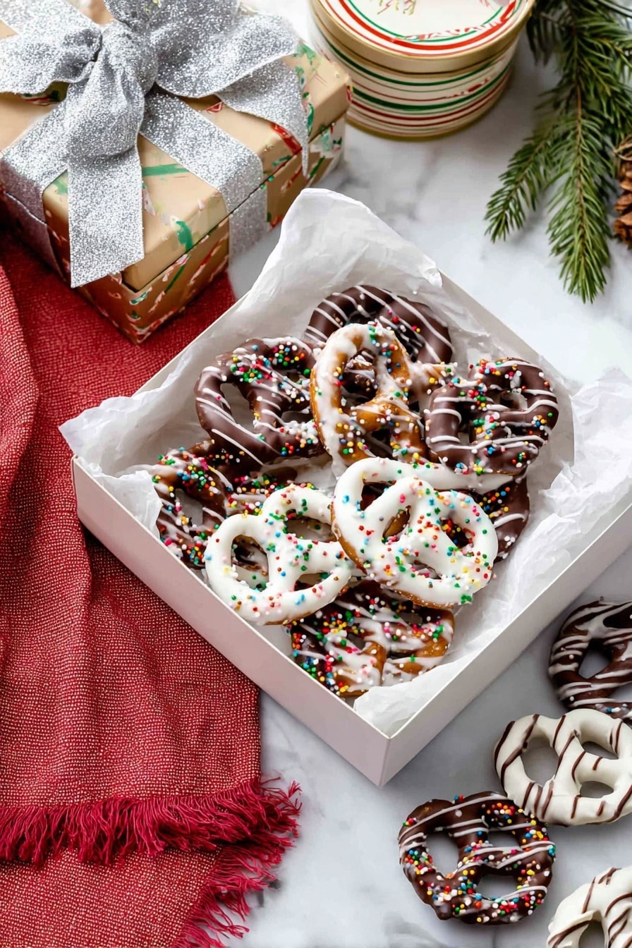 The image shows a white plate filled with pretzels covered in smooth white and milk chocolate, arranged in a casual pile. Some pretzels are fully coated in white chocolate with red, green, and white round sprinkles, while others are dipped in milk chocolate with rainbow nonpareil sprinkles. There are also pretzels coated in white chocolate with dark chocolate stripes and some fully coated in milk chocolate with thin drizzled stripes on top. The plate sits on a white marbled surface with a red cloth partially visible. A small white bowl filled with colorful round sprinkles is placed near the top left corner of the image. photo taken with an iphone --ar 2:3 --v 7 - Chocolate Covered Pretzels Easy, easy pretzel snack recipe, homemade chocolate pretzels, salty sweet pretzels, quick dessert treats