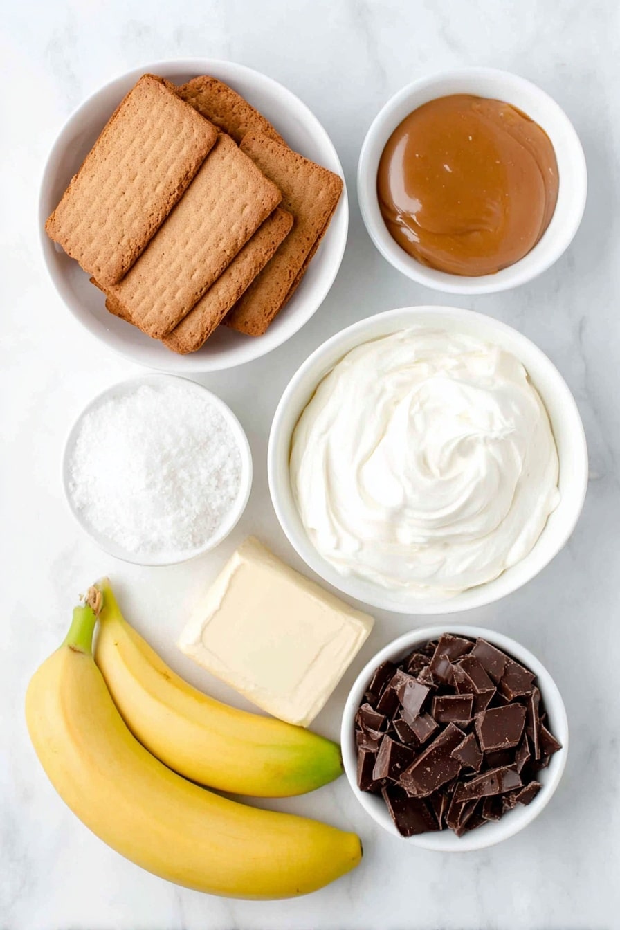 Flat lay of a small white ceramic bowl filled with golden brown whole digestive biscuits, a small white ceramic bowl with melted unsalted butter shining softly, a small white ceramic bowl holding thick golden caramel sauce, two whole ripe bananas with smooth yellow skin beside a few banana slices neatly arranged, a small white ceramic bowl filled with thick double cream, a small white ceramic bowl containing fine white icing sugar, a small white ceramic bowl showcasing delicate dark chocolate curls, all ingredients fresh and natural, perfectly balanced and symmetrical, placed on a clean white marble surface, soft natural light, photo taken with an iPhone, professional food photography style, fresh ingredients, white ceramic bowls, no bottles, no duplicates, no utensils, no packaging --ar 2:3 --v 7 --p m7354615311229779997 - Easy No-Bake Banoffee Pie, no-bake dessert recipes, simple banana pie, quick indulgent desserts, no oven banana pie