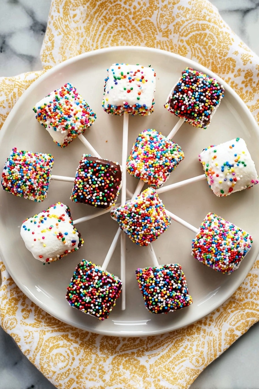 A white round plate with twelve small square marshmallows on white sticks arranged like a circle, each marshmallow fully covered in colorful sprinkles; half are coated with white icing and topped with mixed round and cylindrical sprinkles in bright colors like red, blue, yellow, green, and orange, while the other half are coated with chocolate and covered with tiny round multicolored sprinkles. The plate sits on a light yellow and white patterned cloth over a white marbled surface. Photo taken with an iphone --ar 2:3 --v 7 - Chocolate Marshmallow Pops, Chocolate Marshmallow Bites, Marshmallow Treats, Easy Chocolate Dessert, Party Snack Ideas