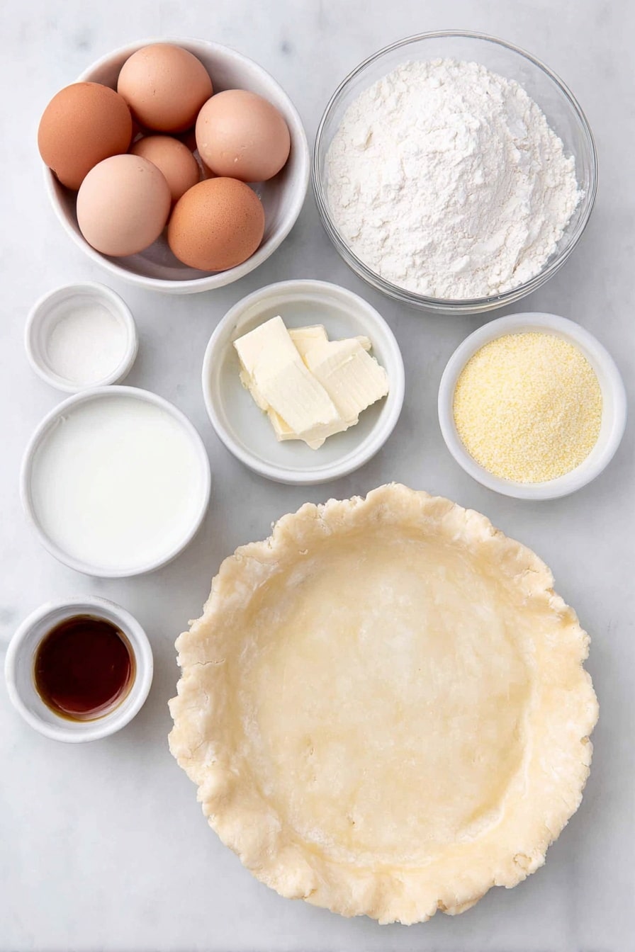 Flat lay of a round pie dough sheet, four whole brown eggs with clean shells, a small white ceramic bowl of granulated sugar, a small white bowl with melted unsalted butter, a small white bowl of whole milk, a small white bowl of yellow cornmeal, a small white bowl of all-purpose flour, a small white bowl with clear white vinegar, and a small white bowl of amber vanilla extract, all arranged with perfect symmetry, placed on a clean white marble surface, soft natural light, photo taken with an iPhone, professional food photography style, fresh ingredients, white ceramic bowls, no bottles, no duplicates, no utensils, no packaging --ar 2:3 --v 7 --p m7354615311229779997 - Ultimate Chess Pie, chess pie recipe, classic chess pie, easiest chess pie, Southern chess pie