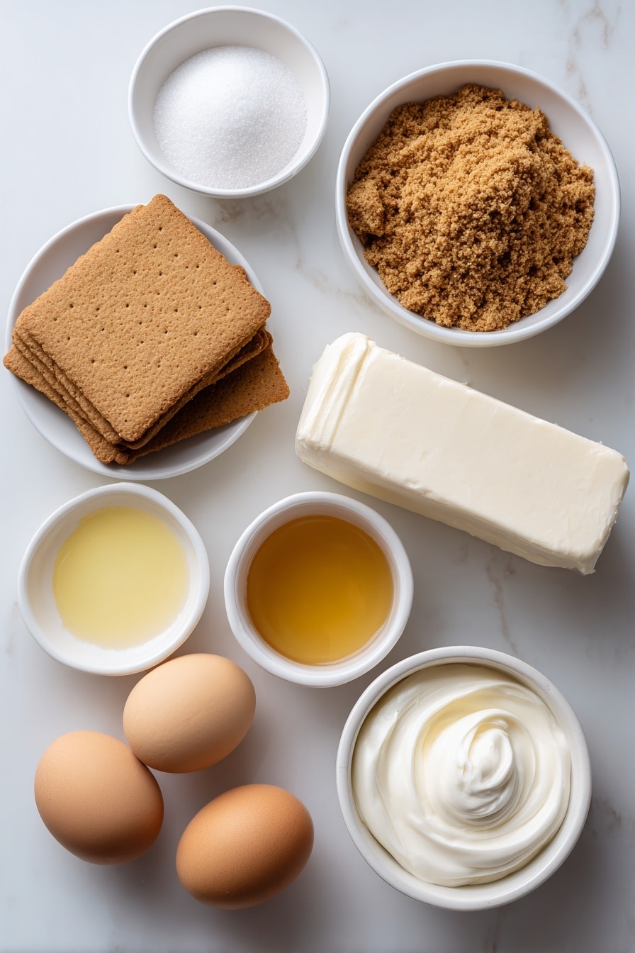 Flat lay of a small pile of whole graham cracker sheets, a small white ceramic bowl filled with light brown graham cracker crumbs, a small white ceramic bowl with granulated white sugar, a small white ceramic bowl holding melted golden butter, a large block of creamy white full-fat brick cream cheese, a small white ceramic bowl containing smooth pale sour cream, a small white ceramic bowl with clear freshly squeezed lemon juice, two large whole uncracked brown eggs, and a small white ceramic bowl with clear vanilla extract placed on a clean white marble surface, soft natural light, photo taken with an iPhone, professional food photography style, fresh ingredients, white ceramic bowls, no bottles, no duplicates, no utensils, no packaging --ar 2:3 --v 7 --p m7354615311229779997 - Cream Cheese Mini Cheesecakes, bite-sized cheesecake recipes, easy mini cheesecakes, no-bake mini cheesecakes, party dessert recipes