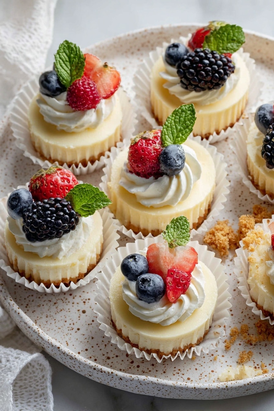 The image shows several small cheesecakes in white paper cups arranged on a white speckled ceramic plate with a patterned edge, all placed on a white marbled surface. Each cheesecake has two layers: a smooth pale yellow crust at the bottom and a creamy white topping swirled with whipped cream. The cheesecakes are decorated with fresh fruits such as whole strawberries, blueberries, blackberries, and a raspberry, each topped with a small sprig of bright green mint. One cheesecake is unwrapped, exposing the layers and crumbs around it. The lighting is soft, highlighting the textures and natural colors of the fruits and cream. photo taken with an iphone --ar 2:3 --v 7 - Cream Cheese Mini Cheesecakes, bite-sized cheesecake recipes, easy mini cheesecakes, no-bake mini cheesecakes, party dessert recipes