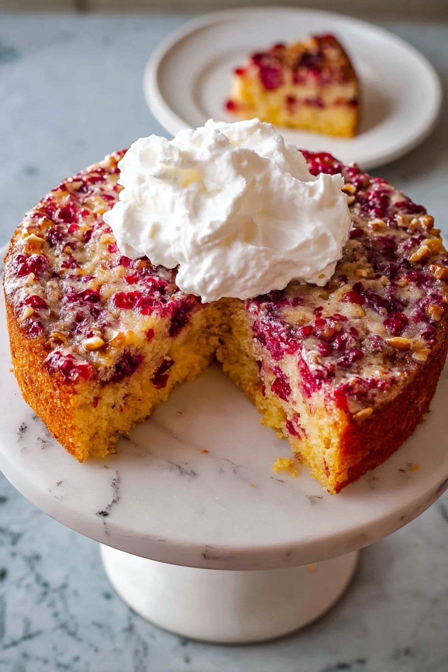 A round cake with a golden-brown top mixed with red berries and small nut pieces sits on a white marble cake stand. One slice is missing, showing a light yellow inside dotted with red berries. On top of the cake is a large, fluffy white whipped cream dollop. The cake stand is placed on a white marbled surface, and in the background, there is a white plate with a piece of the cake. Photo taken with an iphone --ar 2:3 --v 7 - Cranberry Nut Cake, Cranberry Nut Cake recipe, festive holiday cake, moist cranberry dessert, nutty cake with cranberries