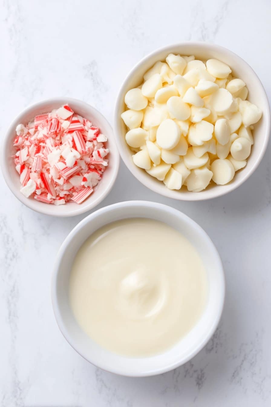 Flat lay of a small mound of creamy white chocolate chips, a small white ceramic bowl filled with glossy sweetened condensed milk, and a simple white ceramic bowl holding crushed bright red-and-white striped candy cane pieces, all arranged symmetrically on a clean white marble surface, soft natural light, photo taken with an iPhone, professional food photography style, fresh ingredients, white ceramic bowls, no bottles, no duplicates, no utensils, no packaging --ar 2:3 --v 7 --p m7354615311229779997 - Candy Cane Fudge with White Chocolate, festive holiday fudge, peppermint candy cane fudge, easy Christmas fudge, quick holiday dessert