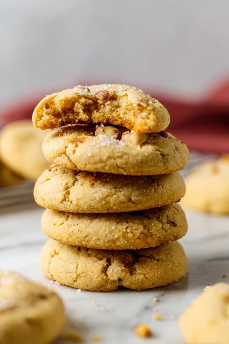 A stack of four round cookies with a golden brown color and a slightly cracked surface sits on a white marbled surface. The top cookie has a bite taken from it, showing a soft, crumbly inside with small nut pieces visible throughout. The cookies have a textured look with small bits and a slightly uneven shape. In the background, more cookies can be seen out of focus, adding depth to the scene. Photo taken with an iphone --ar 2:3 --v 7 - Brown Butter Toffee Cookies, Toffee Cookies Recipe, Caramel Cookies, Chewy Toffee Cookies, Easy Brown Butter Cookies