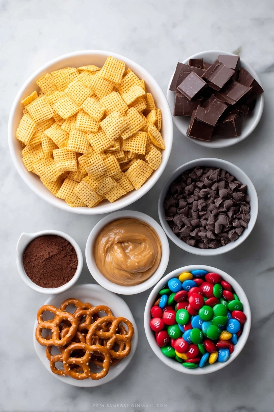 Flat lay of a large white ceramic bowl filled with golden Rice Chex cereal squares, a small white bowl of glossy semisweet chocolate chips, a small white bowl of smooth creamy peanut butter, a small white bowl with fine dry chocolate brownie mix powder, a handful of colorful Christmas M&M's scattered beside a small white bowl filled with mini peanut butter cups, and a small white bowl piled with salted pretzel twists, all arranged symmetrically and balanced, placed on a clean white marble surface, soft natural light, photo taken with an iPhone, professional food photography style, fresh ingredients, white ceramic bowls, no bottles, no duplicates, no utensils, no packaging --ar 2:3 --v 7 --p m7354615311229779997 - Christmas Reindeer Chow, Christmas Reindeer Chow recipe, holiday snack mix, festive chocolate peanut butter snack, easy Christmas treats
