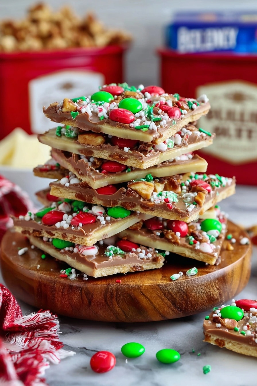 A stack of square chocolate-topped crackers sits on a round wooden stand, each piece showing three clear layers: a light tan cracker base, a smooth milk chocolate middle layer, and colorful decorations on top. The top layers are adorned with red and green round candy pieces, crushed nuts, and festive white, red, and green sprinkles. The stack is high and slightly uneven, with some candy pieces spilled around the base. The background shows a blurred white marbled surface, with red containers labeled in white text and a butter package blurred in the distance. photo taken with an iphone --ar 2:3 --v 7 - Saltine Toffee, saltine cracker toffee, toffee dessert, holiday treat recipes, easy toffee recipe