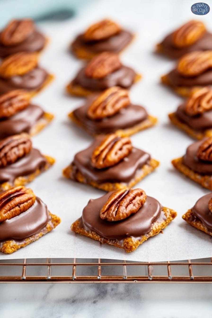 Many small square crackers are arranged in rows on white parchment paper over a wire rack placed on a white marbled surface. Each cracker has a shiny, smooth milk chocolate layer on top that looks thick and soft. On top of each chocolate layer sits a whole pecan half, with its textured ridges and rich brown color, centered perfectly on every cracker. The image shows depth with the crackers fading softly into the background. photo taken with an iphone --ar 2:3 --v 7 - Easy Pretzel Rolo Turtles, salty and sweet pretzel turtle treats, caramel chocolate pretzel bites, quick holiday snacks, no-bake dessert ideas