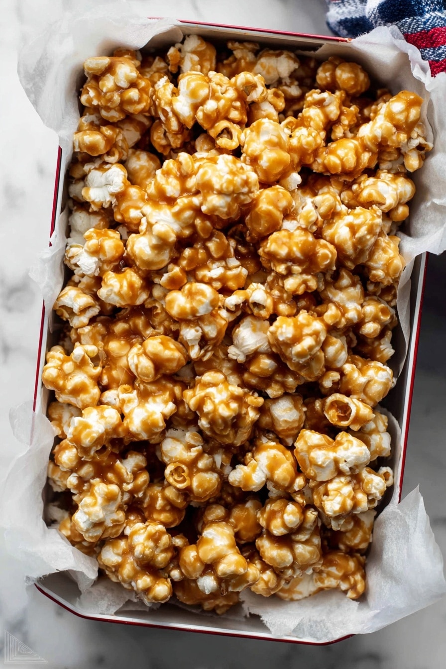 A full baking tray lined with a red silicone mat holds a single thick layer of caramel popcorn. The popcorn has a shiny, golden brown coat of caramel that varies slightly across each piece, showing some lighter and darker caramel colors with a crunchy texture. The tray rests on a smooth white marbled surface with part of a blue and white patterned cloth visible at the bottom left corner. The popcorn pieces are uneven in size but evenly spread out across the tray in a natural, casual way. photo taken with an iphone --ar 2:3 --v 7 - Homemade Caramel Popcorn, caramel popcorn recipe, crispy caramel popcorn, easy caramel popcorn, homemade snack ideas