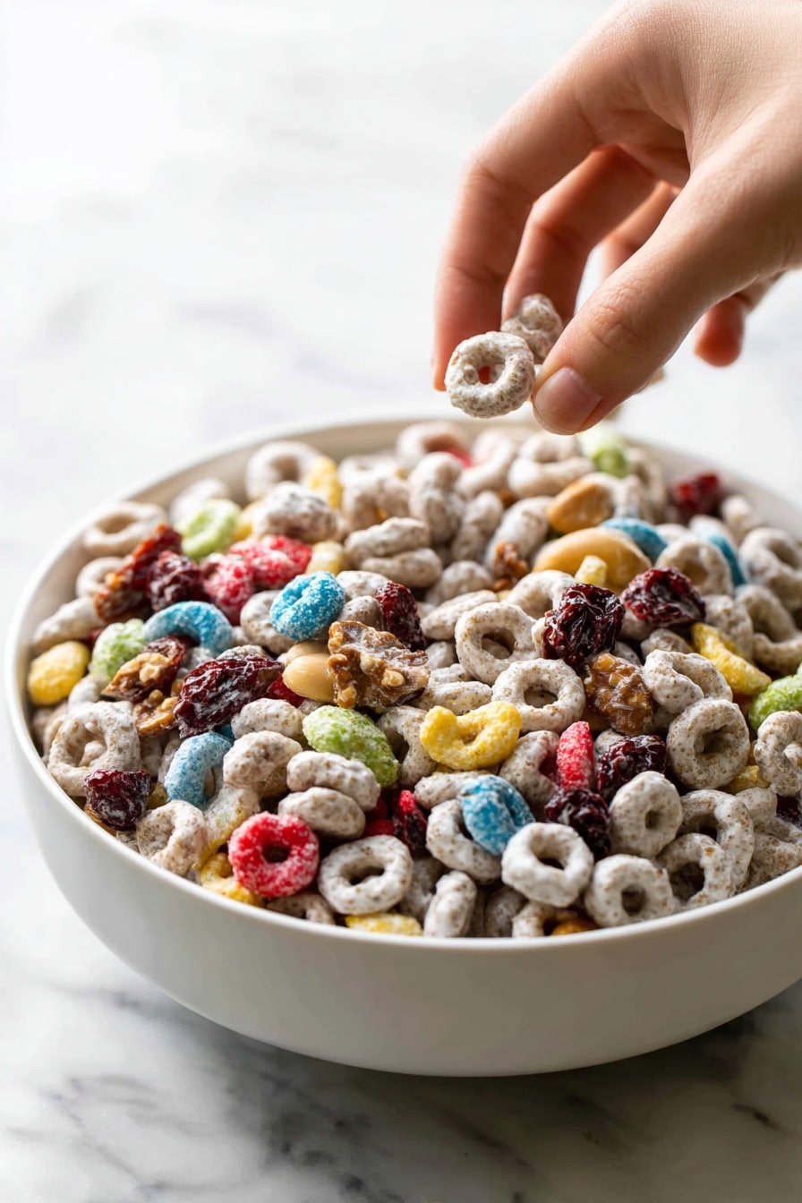 A close-up view of a woman's hand holding a cluster of popcorn mixed with colorful candy-coated pieces, showing a textured combination of white popcorn and bright red, blue, green, yellow, and orange candies scattered throughout. The background is filled with more of the same popcorn and candy mix, creating a soft, blurry colorful pattern with white popped kernels and shiny candy pieces. The scene rests on a white marbled surface. photo taken with an iphone --ar 2:3 --v 7 - White Chocolate Party Mix, Party Mix Recipe, Sweet and Salty Snack, Easy Festive Treat, Chex and Cheerios Mix