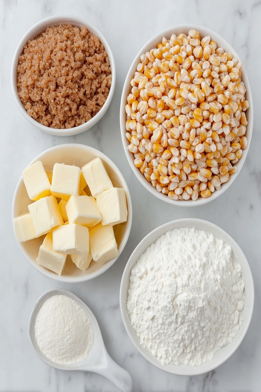 Flat lay of a large pile of natural, twisted puff corn kernels, a small white ceramic bowl filled with golden unsalted butter chunks, a small white ceramic bowl heaped with moist packed brown sugar, a small white ceramic bowl containing clear, thick corn syrup, and a white ceramic spoon resting beside a small mound of fine white baking soda powder, all arranged with perfect symmetry on a clean white marble surface, soft natural light, photo taken with an iPhone, professional food photography style, fresh ingredients, white ceramic bowls, no bottles, no duplicates, no utensils, no packaging --ar 2:3 --v 7 --p m7354615311229779997 - Caramel Puff Corn, caramel popcorn recipe, crunchy caramel snack, easy caramel puff corn, sweet snack ideas