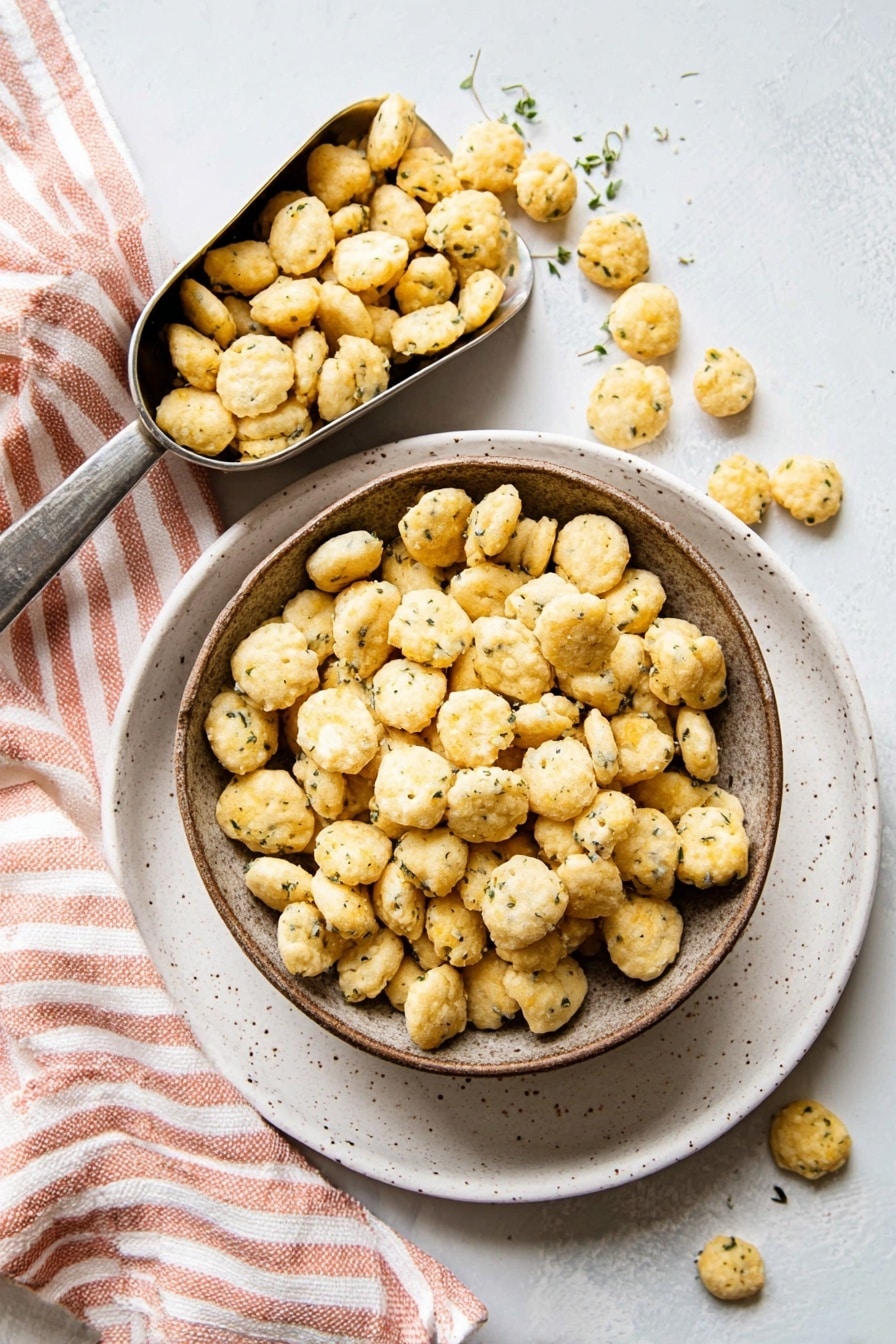 A rustic brown bowl is filled with small, light golden, bite-sized crackers speckled with green herbs, sitting on a white plate with a subtle speckled pattern. Some crackers spill over the bowl's edge onto the plate and white marbled tabletop below. To the left, a metal scoop full of the same crackers rests on a soft cloth with wide pink and white stripes. The scene has a bright, clean, natural light look. Photo taken with an iphone --ar 2:3 --v 7 - Ranch Oyster Crackers Snack, Ranch Oyster Crackers, Easy Snack Recipes, No-Bake Crunchy Snacks, Party Snack Ideas