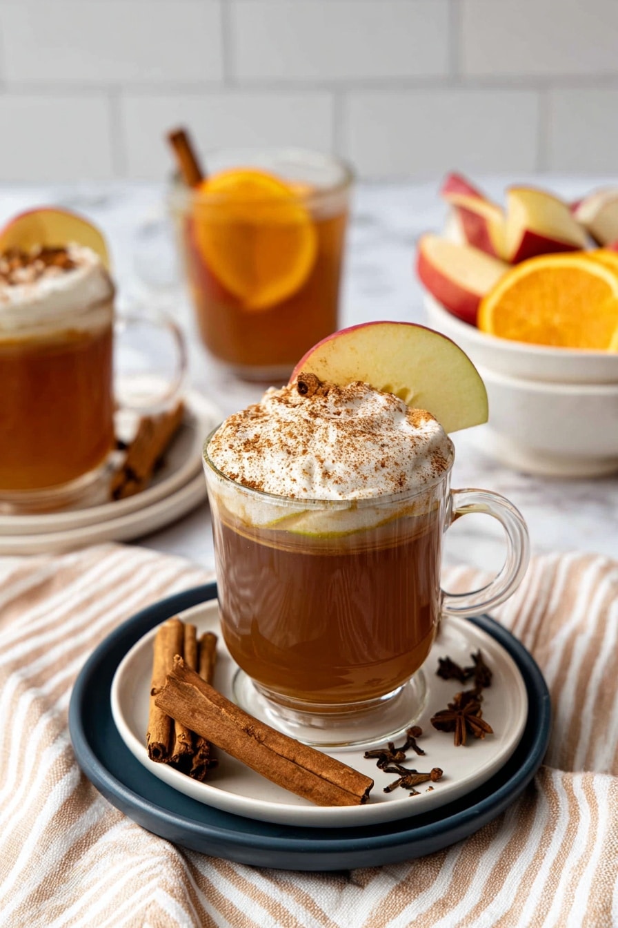 The image shows a clear glass mug filled with a warm brown drink topped with a thick layer of light cream foam sprinkled with brown powder. The glass has a green apple slice and a cinnamon stick on top. The mug sits on a white plate layered over a dark blue plate, with two cinnamon sticks and some cloves scattered on the white plate. In the background, there are two more glass mugs containing the same brown drink, each with a slice of orange and a cinnamon stick. To the right, a white bowl holds apple slices, orange slices, and a bundle of spices wrapped in white cloth. All items are set against a white marbled surface with light-colored striped cloth around them. Photo taken with an iphone --ar 2:3 --v 7 - Spiced Hot Apple Cider, warm apple cider with spices, cozy fall beverages, homemade hot apple cider, festive seasonal drinks