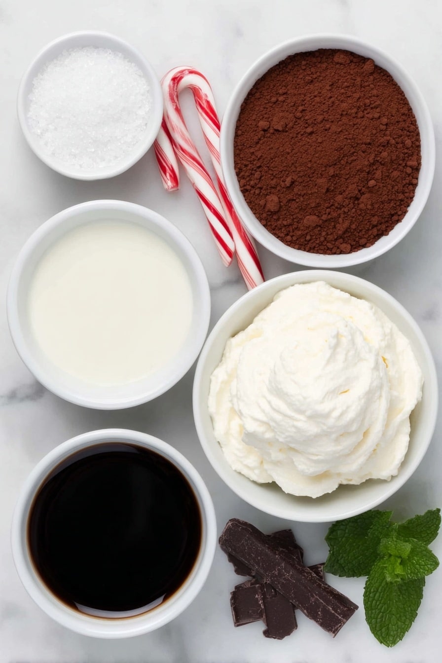Flat lay of a small white ceramic bowl with whole fresh milk, a small white ceramic bowl filled with granulated white sugar, a small white ceramic bowl containing rich unsweetened cocoa powder, a small white ceramic bowl with dark brewed espresso, a fresh green peppermint candy cane, a small white ceramic bowl with clear vanilla extract, a dollop of fluffy whipped cream on a simple white ceramic plate, and a few delicate chocolate shavings scattered nearby, all arranged with perfect symmetry, placed on a clean white marble surface, soft natural light, photo taken with an iPhone, professional food photography style, fresh ingredients, white ceramic bowls, no bottles, no duplicates, no utensils, no packaging --ar 2:3 --v 7 --p m7354615311229779997 - Peppermint Mocha Coffee Drink, festive coffee drinks, homemade peppermint mocha, easy mocha recipes, holiday coffee beverages