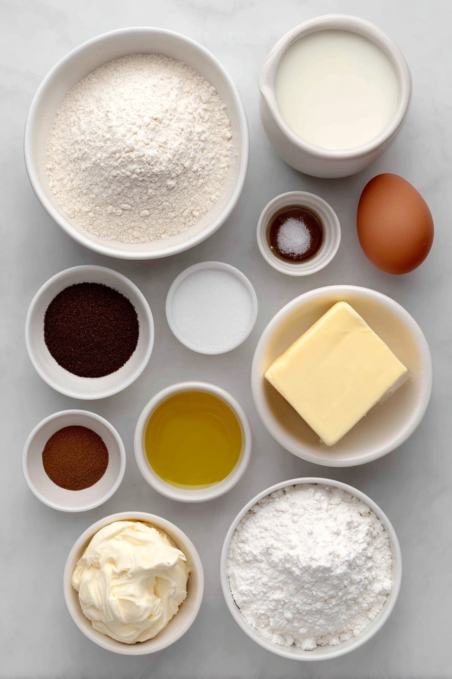 Flat lay of a small white ceramic bowl of warm whole milk, a small white ceramic bowl of granulated sugar, a small white ceramic bowl of melted salted butter, one whole large brown egg, one whole large brown egg yolk, a white ceramic bowl filled with bread flour, a small white ceramic bowl of kosher salt, a small white ceramic bowl of extra-virgin olive oil, a small white ceramic bowl of softened salted butter for filling, a small white ceramic bowl of packed dark brown sugar, a small white ceramic bowl of ground cinnamon, a small white ceramic bowl of softened cream cheese, a small white ceramic bowl of powdered sugar, a small white ceramic bowl of softened salted butter for frosting, and a small white ceramic bowl of vanilla extract placed on a clean white marble surface, soft natural light, photo taken with an iPhone, professional food photography style, fresh ingredients, white ceramic bowls, no bottles, no duplicates, no utensils, no packaging --ar 2:3 --v 7 --p m7354615311229779997 - Ultimate Fluffy Cinnamon Rolls, homemade cinnamon rolls, soft cinnamon rolls with cream cheese frosting, easy cinnamon roll recipe, melt-in-your-mouth cinnamon rolls