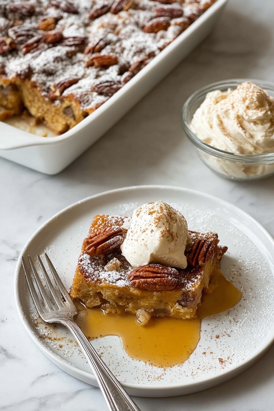 A white plate sits on a white marbled surface holding a square piece of bread pudding with visible chunks of brown pecans inside, topped with a light brown dollop of whipped cream sprinkled with cinnamon and two whole pecan halves, all resting in a pool of golden syrup that has spread slightly around the dessert. A silver fork lies next to the bread pudding on the plate. In the top right, part of a white rectangular baking dish filled with more bread pudding dusted with powdered sugar and topped with pecans is visible. A clear glass bowl filled with light brown whipped cream sprinkled with cinnamon sits to the right of the plate. photo taken with an iphone --ar 2:3 --v 7 - Overnight Maple Cinnamon French Toast Bake, Breakfast casserole with brioche, Make-ahead brunch recipes, Cinnamon and maple breakfast ideas, Easy overnight French toast