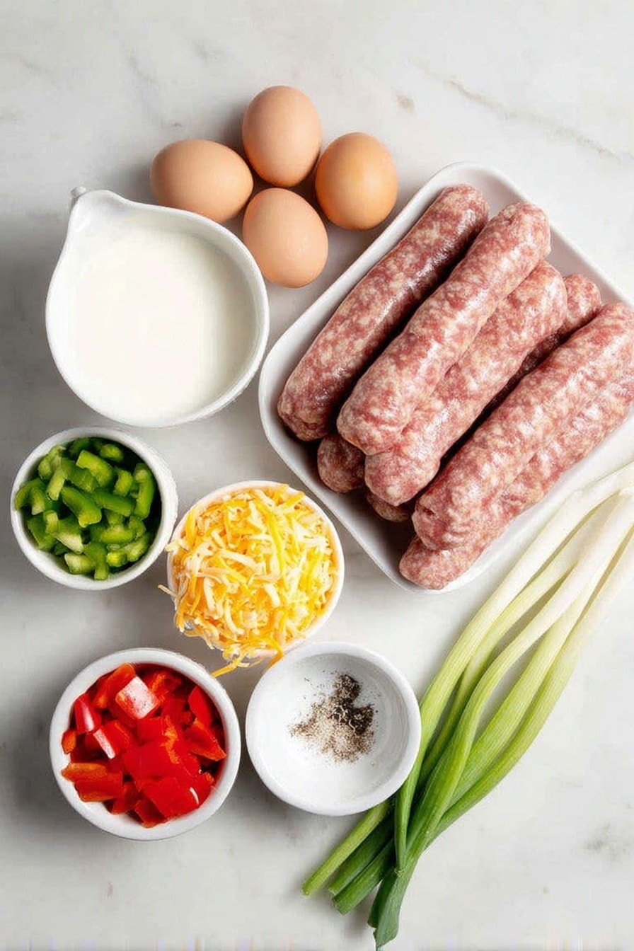 Flat lay of raw pork sausage links arranged loosely, a dozen whole uncracked brown eggs, a small white ceramic bowl of thick sour cream, a small white ceramic bowl filled with milk, a few sprigs of fresh green onions with vibrant white bulbs, half a green bell pepper diced into small cubes, half a red bell pepper diced into small cubes, a small white ceramic bowl filled with shredded bright orange cheddar cheese, a small white ceramic bowl containing kosher salt crystals, a small white ceramic bowl with coarse ground black pepper placed symmetrically around the ingredients, all placed on a clean white marble surface, soft natural light, photo taken with an iPhone, professional food photography style, fresh ingredients, white ceramic bowls, no bottles, no duplicates, no utensils, no packaging --ar 2:3 --v 7 --p m7354615311229779997 - Sausage and Egg Breakfast Casserole, breakfast casserole with sausage and eggs, easy breakfast casserole, hearty breakfast bake, make-ahead breakfast recipes