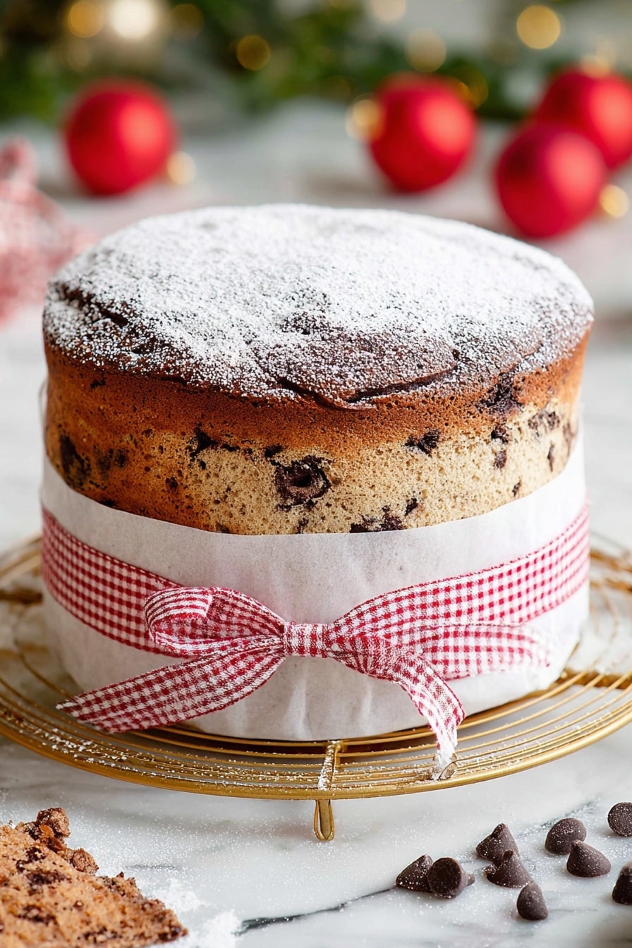 A tall, round cake with two main layers is shown. The bottom layer is darker brown with a firm texture, wrapped in white paper that is tied with a red and white checkered ribbon around the middle. The top layer is lighter brown with dark spots and a cracked surface. The top is dusted with white powdered sugar, making it look soft and fluffy. The cake sits on a round gold wire rack on a white marbled surface. There are scattered dark chocolate chips and a dusting of powdered sugar nearby, with blurred festive red balls in the background. Photo taken with an iphone --ar 2:3 --v 7 - Easy Italian Panettone Bread, Italian Panettone Bread, Holiday Panettone, Italian festive bread, homemade Panettone