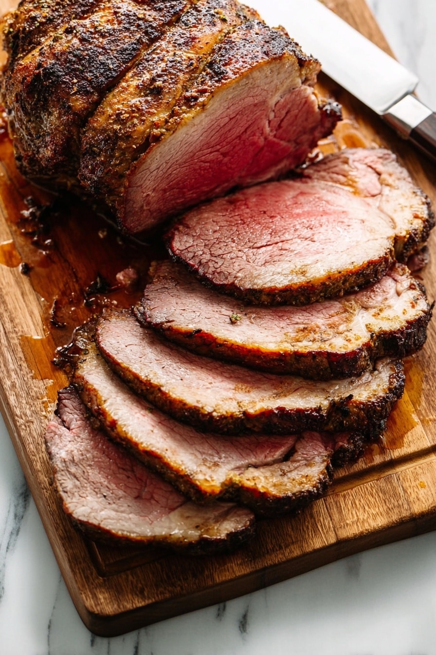 The image shows a piece of cooked beef roast placed on a wooden board with a knife resting next to it. The roast has been sliced into six pieces, each slice showing a layer of pinkish-red cooked meat in the center, surrounded by a light brown, slightly fatty outer edge with a textured, seared dark crust. The slices are arranged overlapping each other, starting from the right side of the roast, with the uncut portion visible on the lower left. The wooden board holds some meat juices near the sliced pieces. The surface beneath the board has a white marbled texture. photo taken with an iphone --ar 2:3 --v 7 - Garlic Herb Prime Rib, prime rib roast, garlic herb roast, holiday prime rib, juicy prime rib