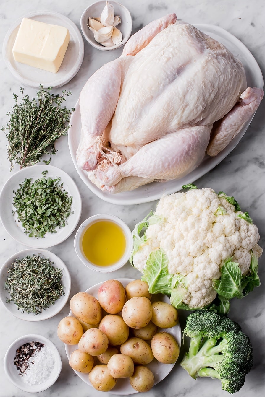 Flat lay of a whole fresh broiler-fryer chicken with clean skin, a small mound of softened unsalted butter, a small white bowl filled with golden maple syrup, three whole garlic cloves, a small pile of chopped fresh oregano leaves, a small pile of chopped fresh thyme leaves, a small white bowl of coarse salt, a small white bowl of freshly ground black pepper, one small lemon cut into four wedges, four fresh thyme sprigs, four fresh oregano sprigs, a cluster of bright red cherry tomatoes, a heap of quartered baby potatoes with natural skin, one large yellow onion cut into eight wedges, a small pile of fresh broccoli florets, a small pile of fresh cauliflower florets, a small white bowl of golden olive oil, all arranged with perfect symmetry on simple white ceramic plates and bowls, placed on a clean white marble surface, soft natural light, photo taken with an iPhone, professional food photography style, fresh ingredients, white ceramic bowls, no bottles, no duplicates, no utensils, no packaging --ar 2:3 --v 7 --p m7354615311229779997 - Maple Butter Roast Chicken, flavorful roast chicken, easy roasted chicken recipe, juicy baked chicken, maple glaze chicken