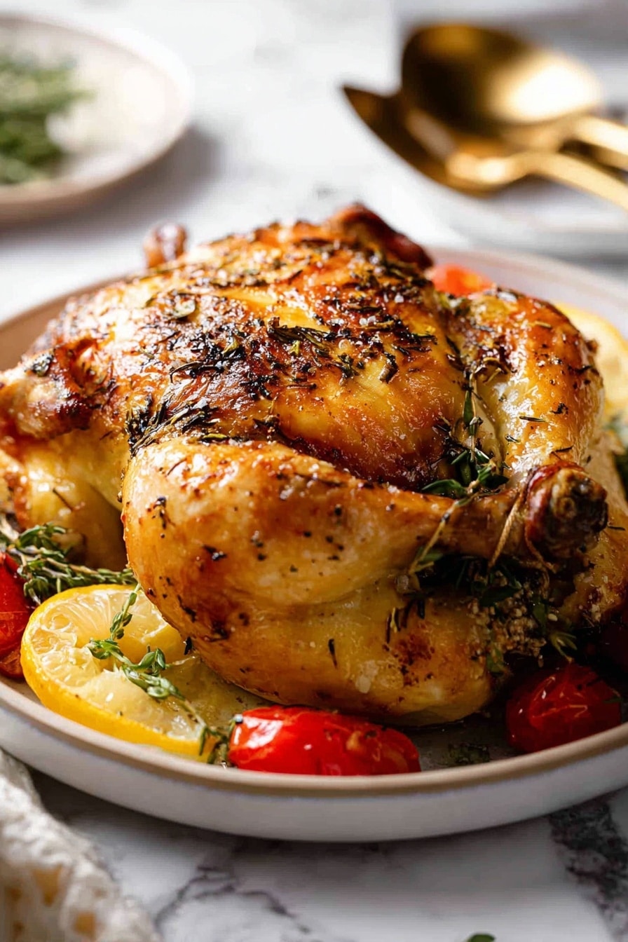 A whole golden roasted chicken sits in the center of a white plate, with crispy skin seasoned with herbs and black pepper. The chicken is laid on lemon slices, with bright red cherry tomatoes and green herb sprigs scattered around it. The plate rests on a white marbled surface, with blurred golden utensils in the background. The lighting highlights the juicy and crispy texture of the chicken’s skin. photo taken with an iphone --ar 2:3 --v 7 - Maple Butter Roast Chicken, flavorful roast chicken, easy roasted chicken recipe, juicy baked chicken, maple glaze chicken