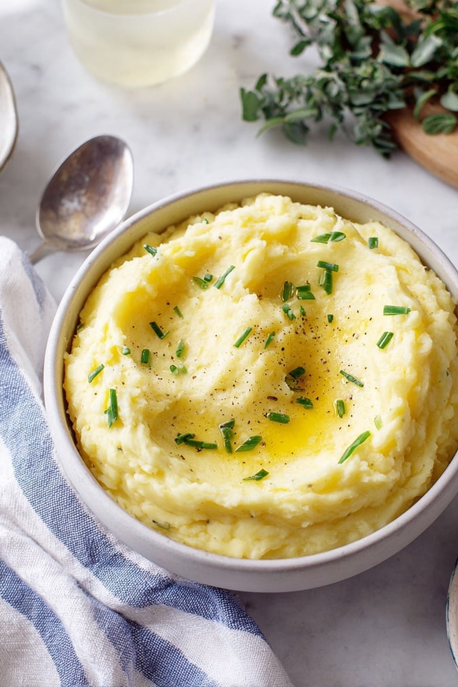 A white bowl filled with creamy mashed potatoes that have a smooth, slightly textured surface. The mashed potatoes are pale yellow, sprinkled evenly with small green chive pieces and a few specks of black pepper on top, creating tiny dots of color contrast. The bowl is placed on a white marbled surface with a white and blue striped cloth napkin next to it, a silver spoon nearby, and some green leaves and a light-colored drink in the background. The lighting is soft and natural, highlighting the creamy texture of the mashed potatoes. Photo taken with an iphone --ar 2:3 --v 7 - Creamy Roasted Garlic Mashed Potatoes, garlic mashed potatoes, roasted garlic mashed potatoes, creamy side dish recipes, savory mashed potato ideas
